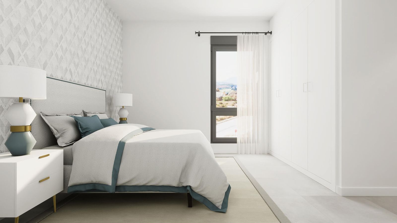 Moderne slaapkamer met minimalistisch interieur en uitzicht.